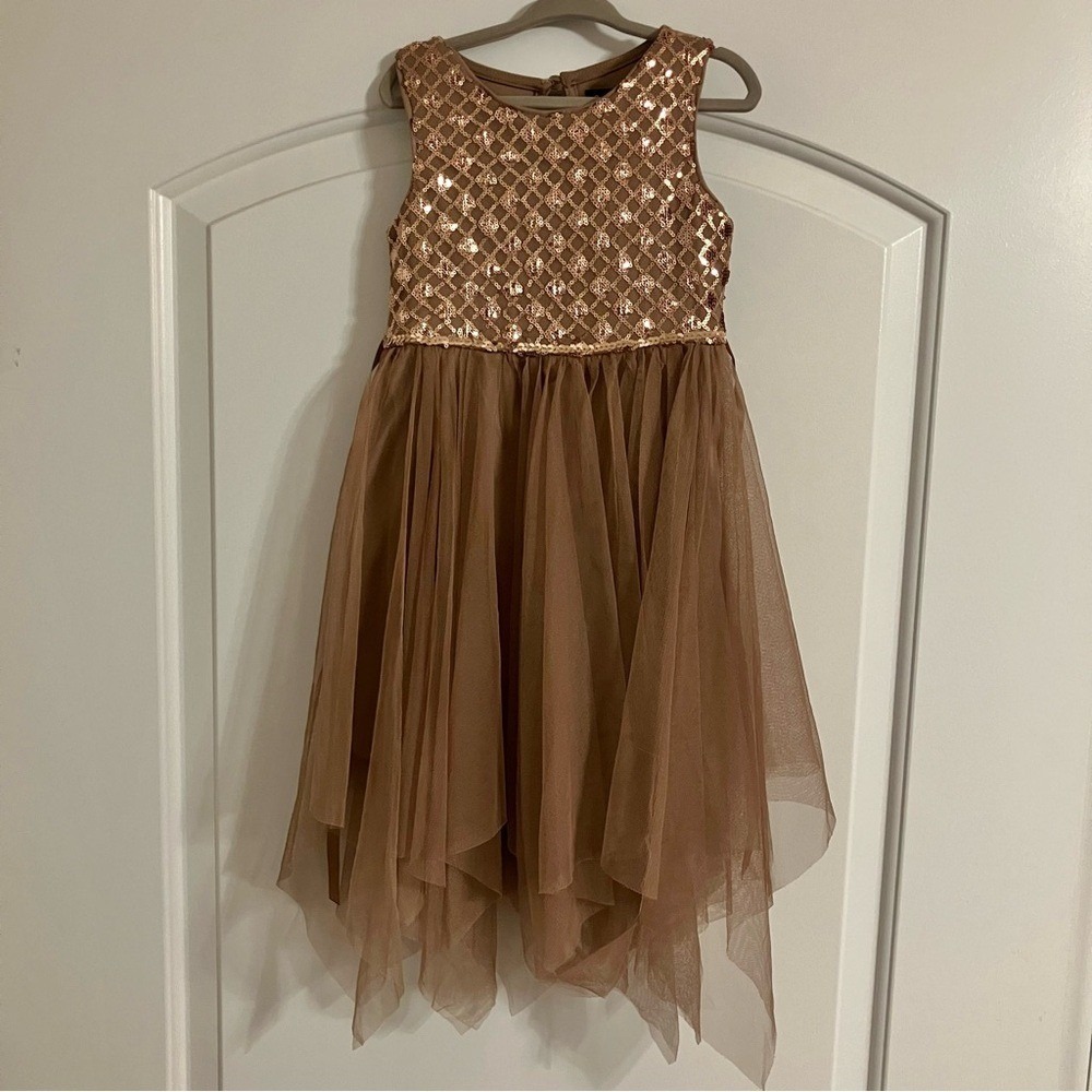 Lilt Girls Rose Gold Sequin Tulle Handkerchief Hem Party Dress Size 4